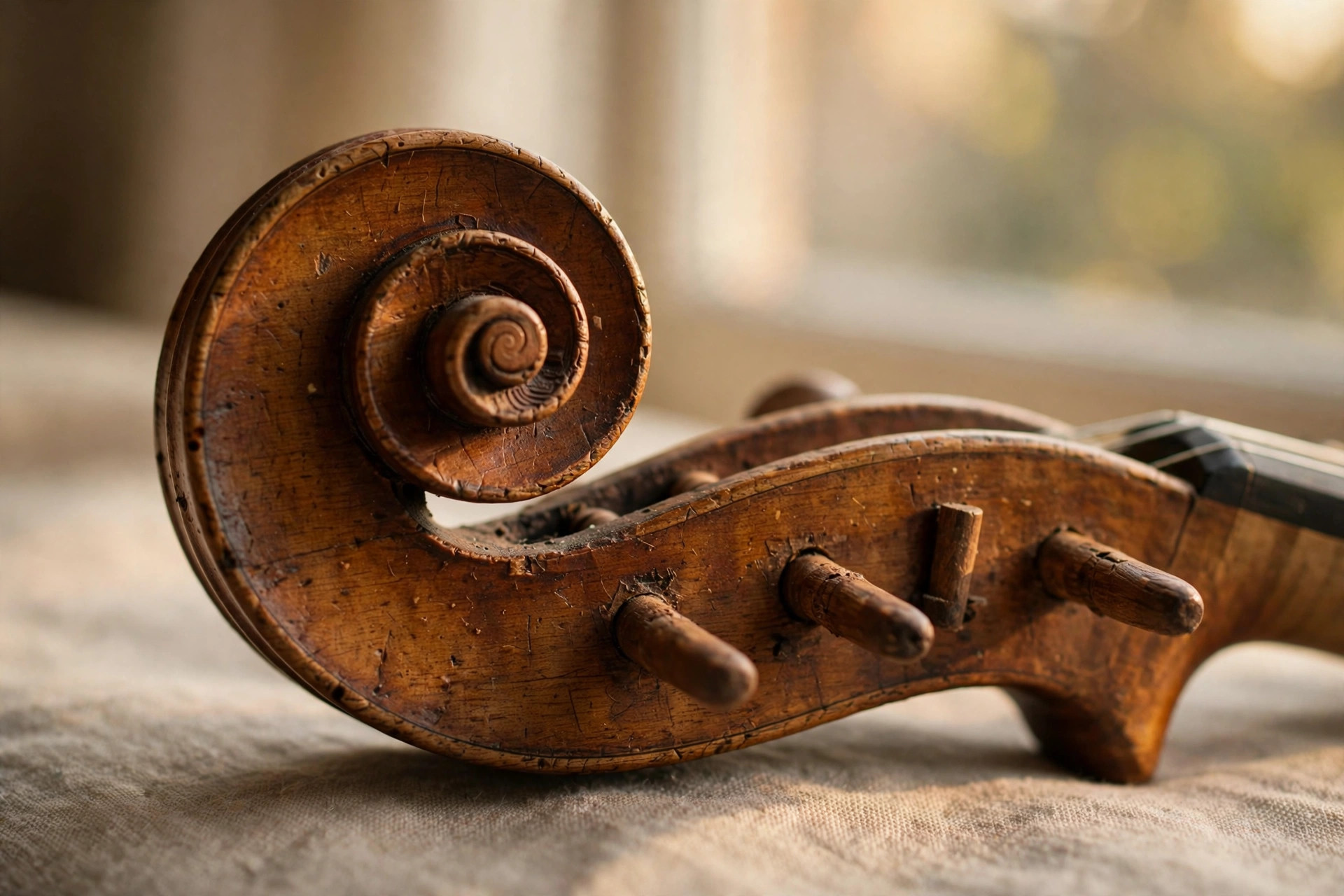 Close view of a violin's carved wooden scroll in warm window light