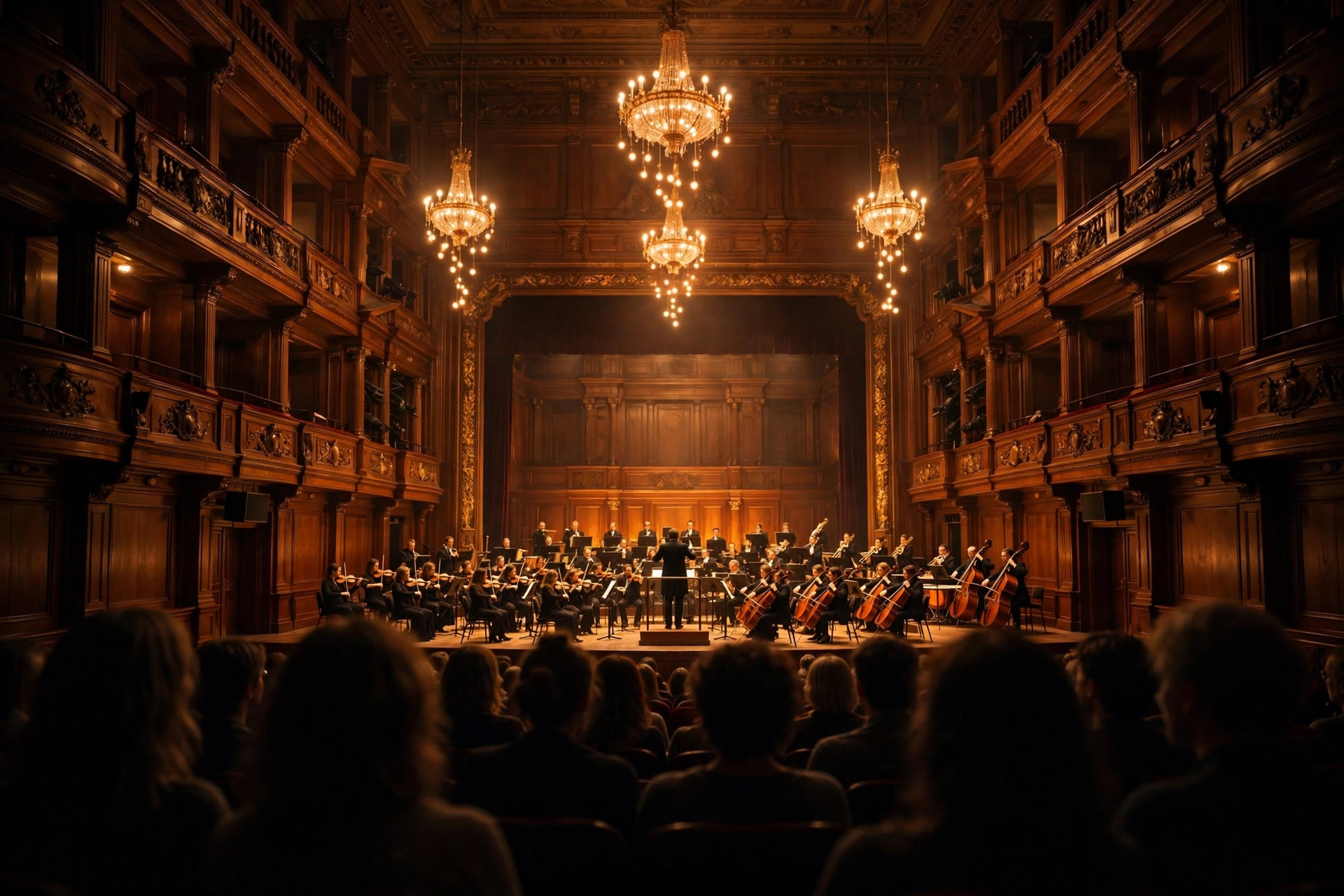 A symphony orchestra performing in a grand concert hall bathed in golden light